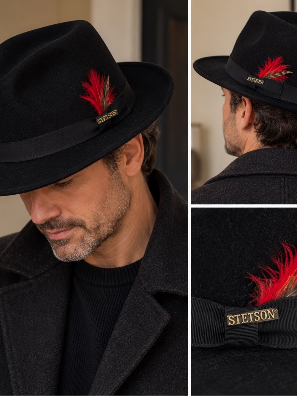 Stetson 100% Wool Black Fedora with Red Feather – Large 7 1/4–7 3/8